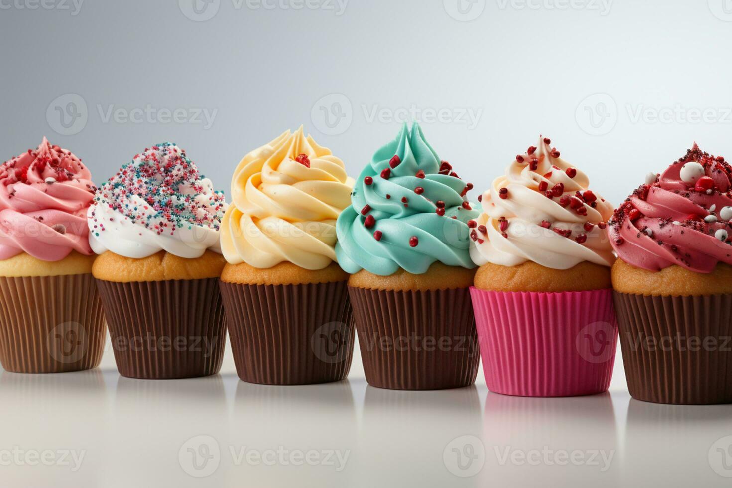 isolato diletto colorato compleanno cupcakes allineato nel un' riga contro un' bianca fondale ai generato foto