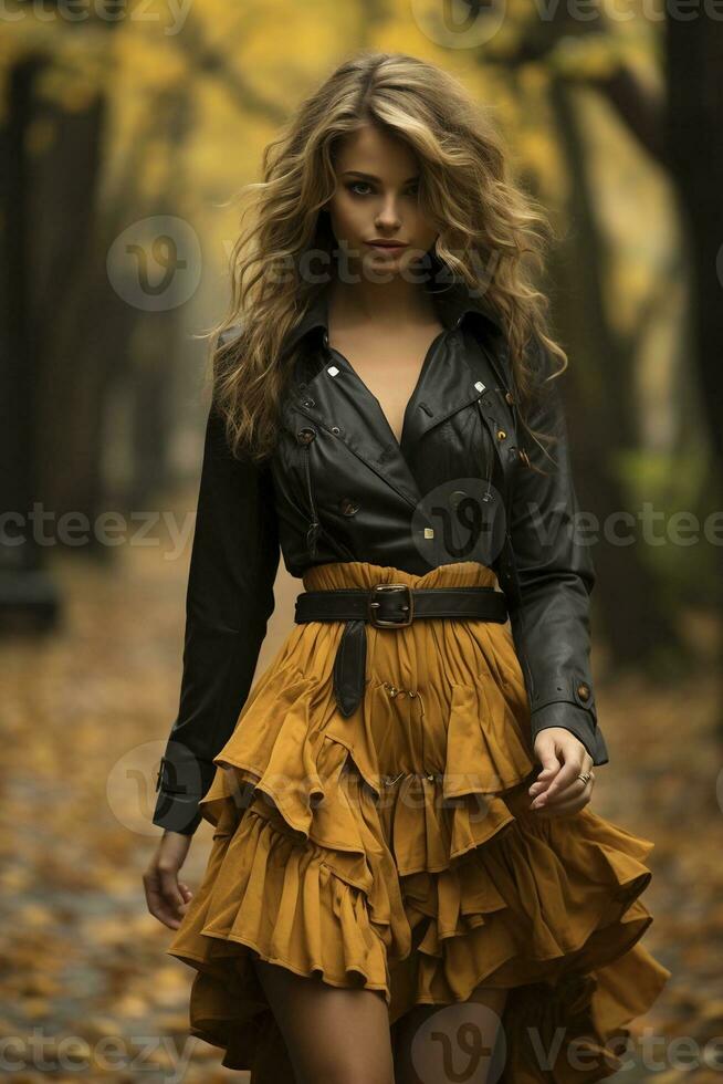 giovane donna a piedi nel il autunno parco, creato con generativo ai foto