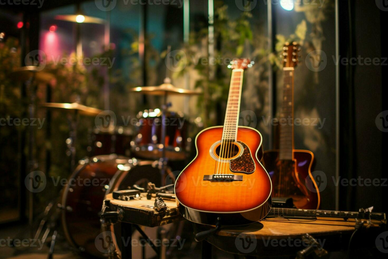 un' registrazione studio camera canticchia con musicalità come un acustico chitarra risuona. ai generato foto