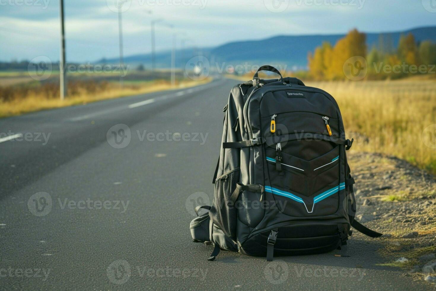 i viaggiatori zaino colpi il asfalto strada, marcatura il inizio di loro avventura ai generato foto