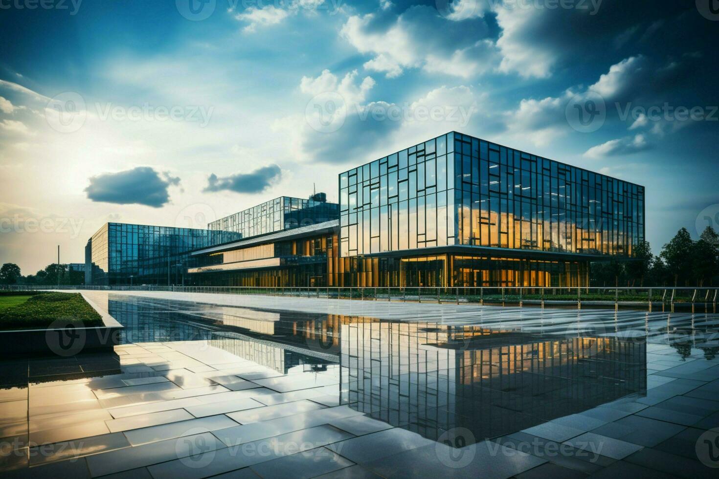 elegante e vasto, il moderno ufficio edificio comandi Attenzione con suo contemporaneo grandezza. ai generato foto