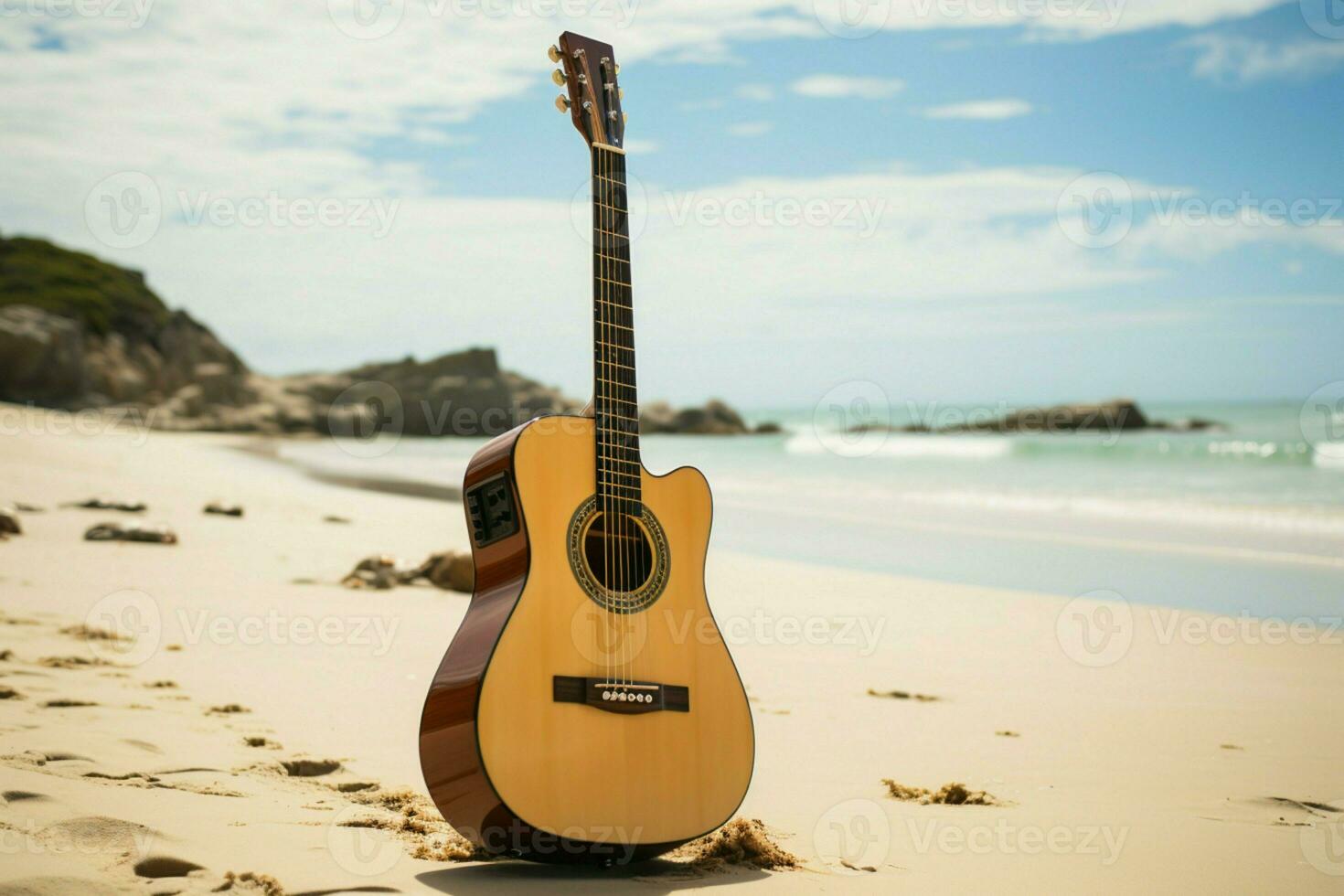 su il sabbioso sponde, un in posizione verticale acustico chitarra attende un' sulla spiaggia prestazione. ai generato foto