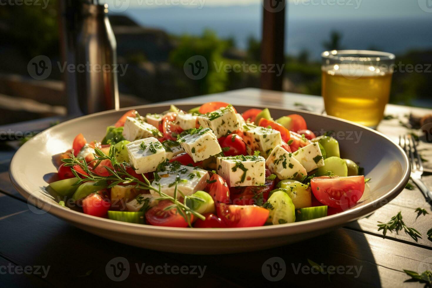 gustoso mediterraneo piatto, greco insalata con feta formaggio, di cui su tavolo ai generato foto