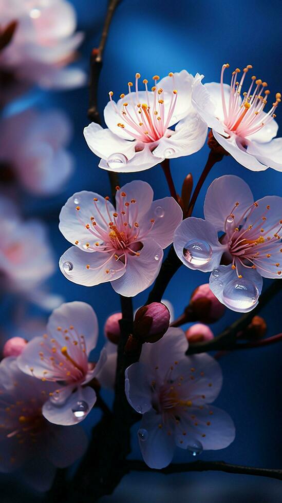 fioritura primavera fiori, bokeh porta un' sognante blu atmosfera verticale mobile sfondo ai generato foto