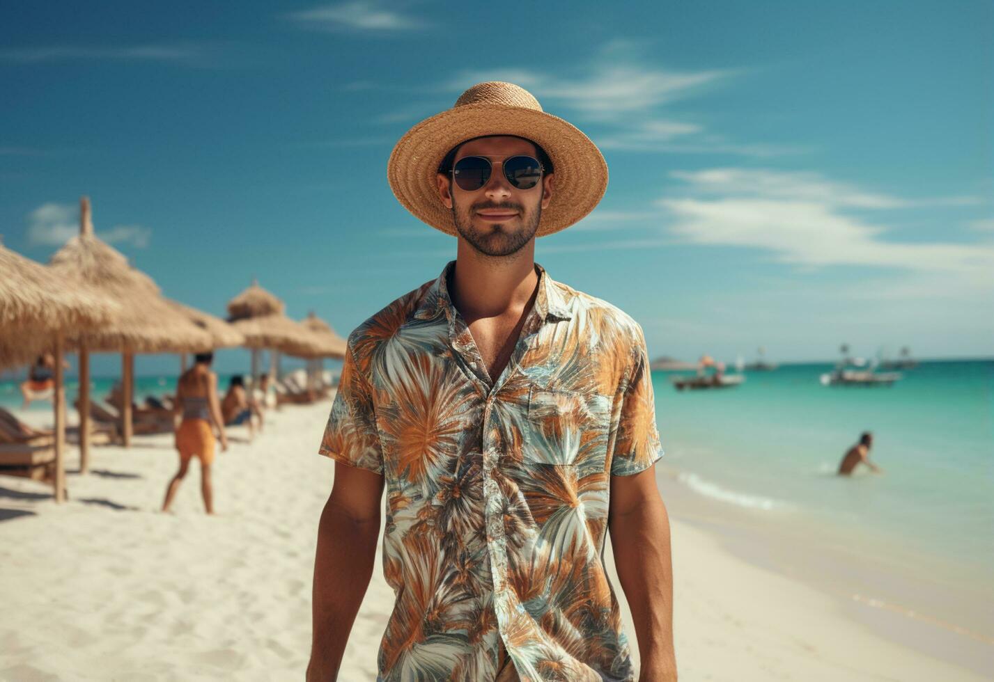 ai generativo indietro Visualizza giovane turista uomo nel estate vestito e cappello in piedi su bellissimo sabbioso spiaggia. godendo. foto