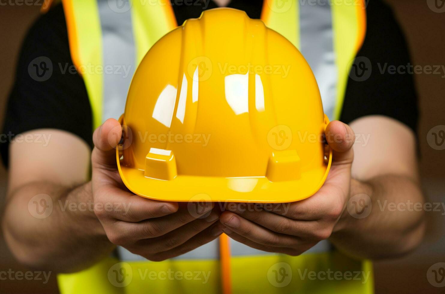 davanti Visualizza costruttore rimuove giallo casco contro un' luminosa sfondo, significare completamento ai generato foto