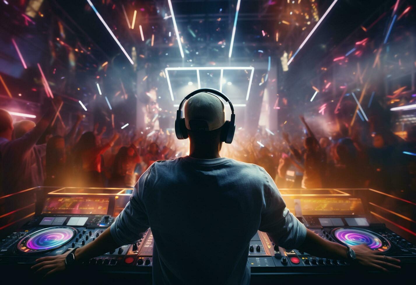 ai generativo dj giocando e miscelazione musica nel discoteca festa a notte . edm danza musica club con folla di giovane persone foto