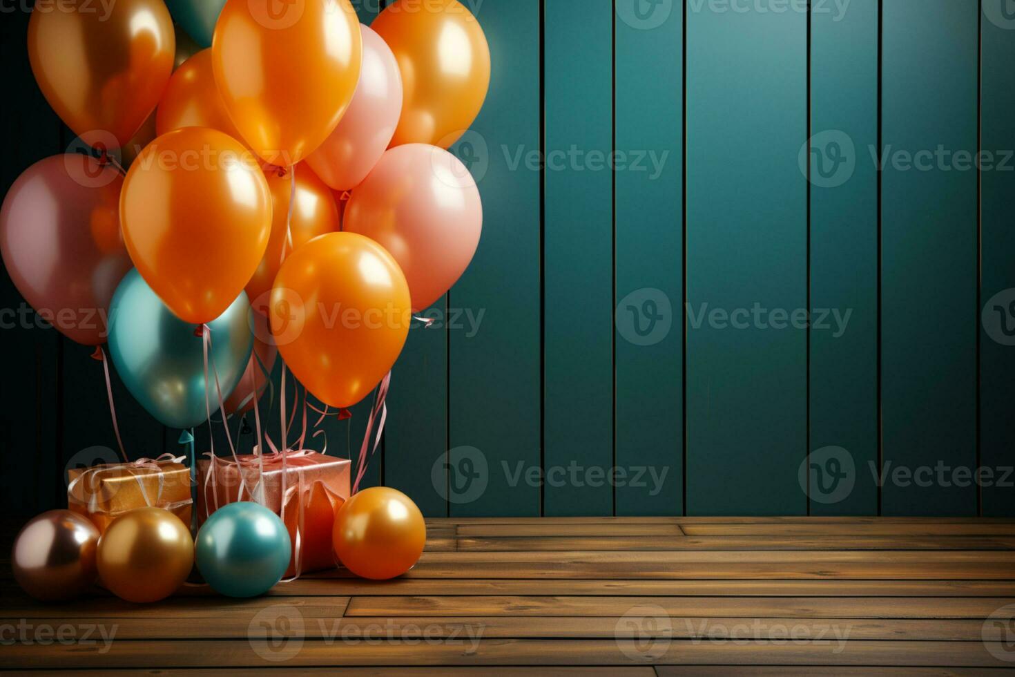 vivace compleanno festa frontiere, decorazioni su arancia legna tavolo testo spazio fornito ai generato foto