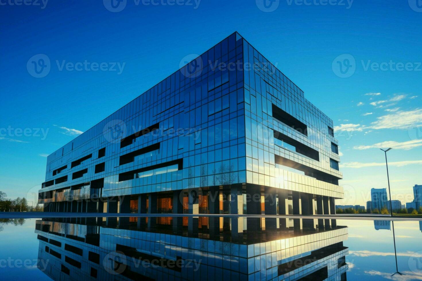 moderno attività commerciale centro sotto chiaro blu cielo, un' riflessione di aziendale avanzamento. ai generato foto