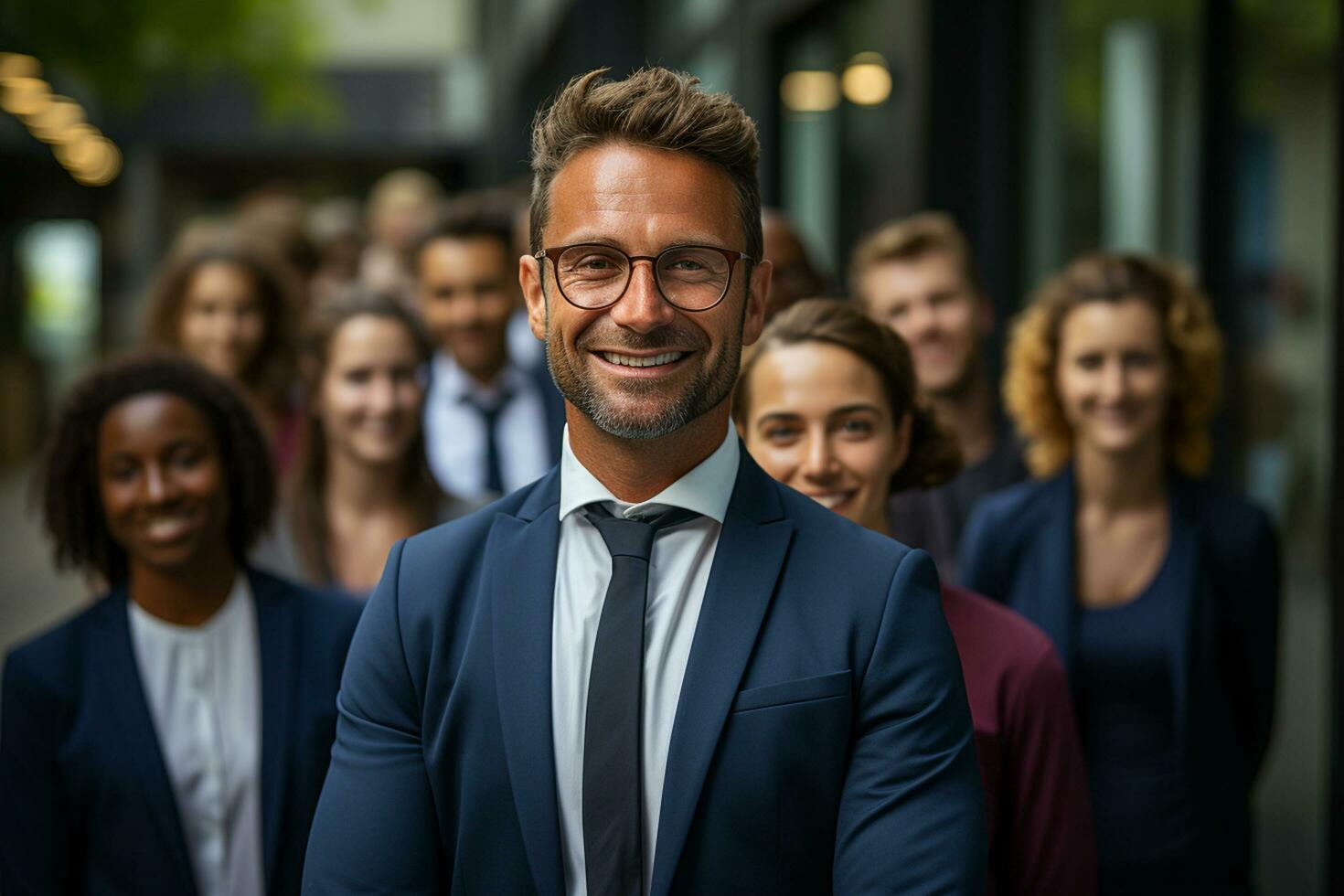 ai generativo gruppo di contento attività commerciale uomo e attività commerciale donne, vestito nel tute siamo sorridente, nel il ufficio foto