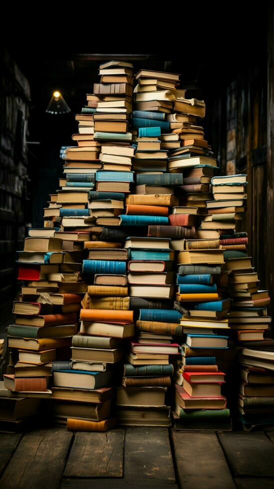 topi di biblioteca diletto un' torreggiante pila di libri a il libreria verticale mobile sfondo ai generato foto