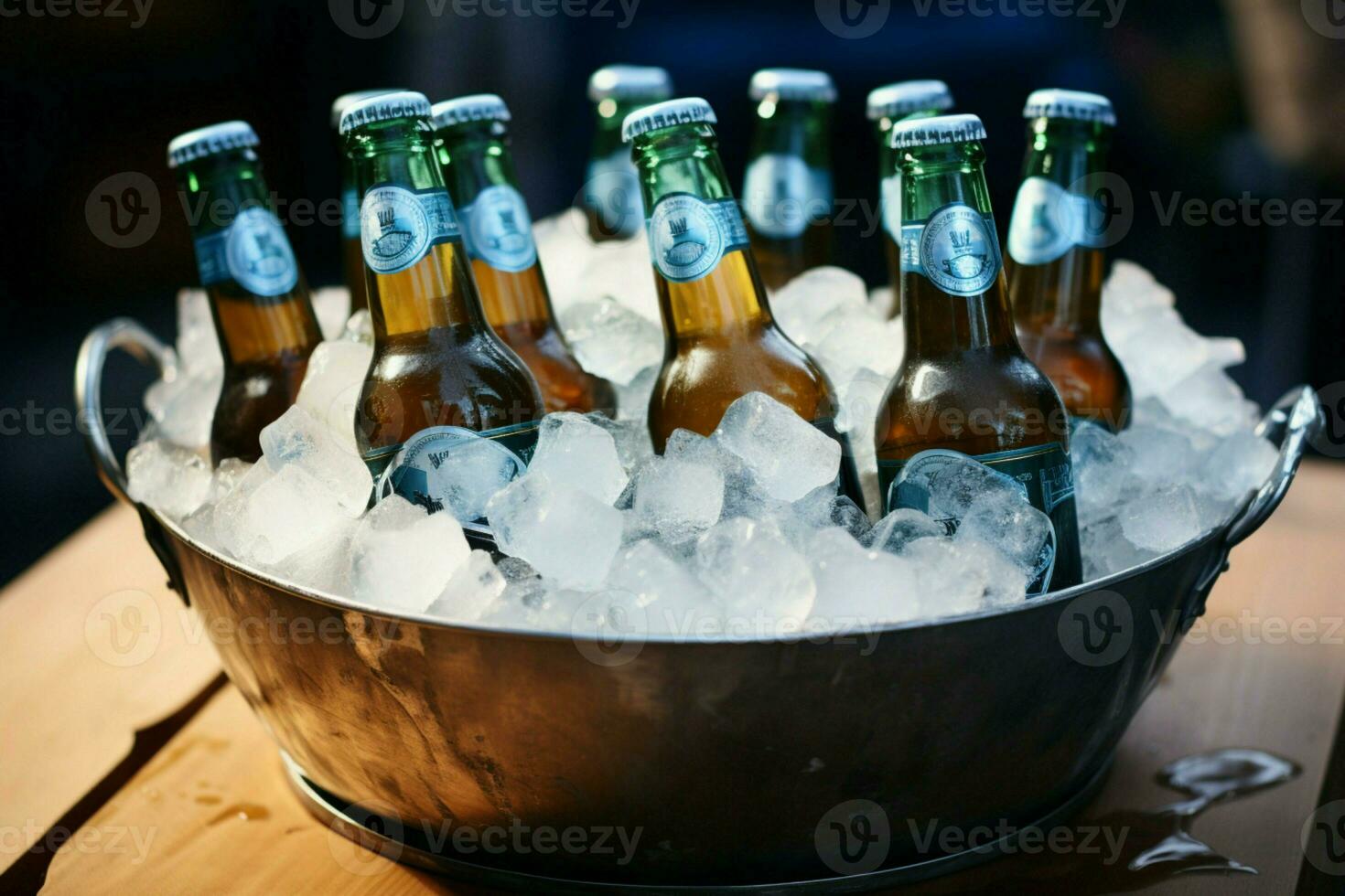 ghiacciato secchio si raffredda birra bottiglie, la creazione di un' rinfrescante e tonificante bevanda Esperienza ai generato foto