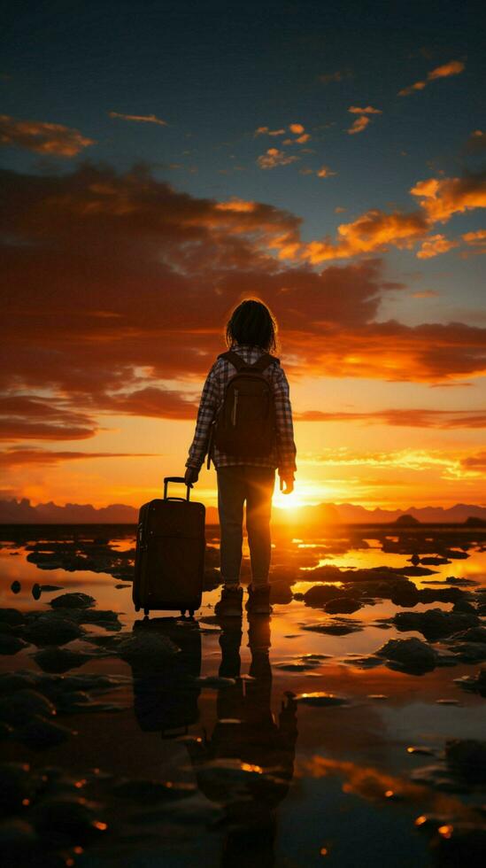 fantasioso viaggiare, silhouette di bambino su valigia, contro ambientazione sole verticale mobile sfondo ai generato foto