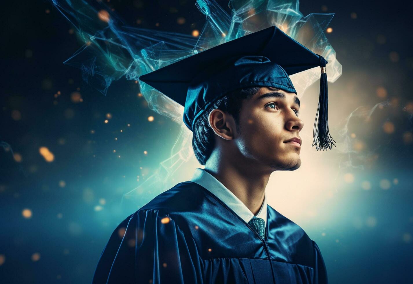 ai generativo Doppio esposizione foto di giovane uomo con la laurea berretto tecnologia sfondo realistico Immagine