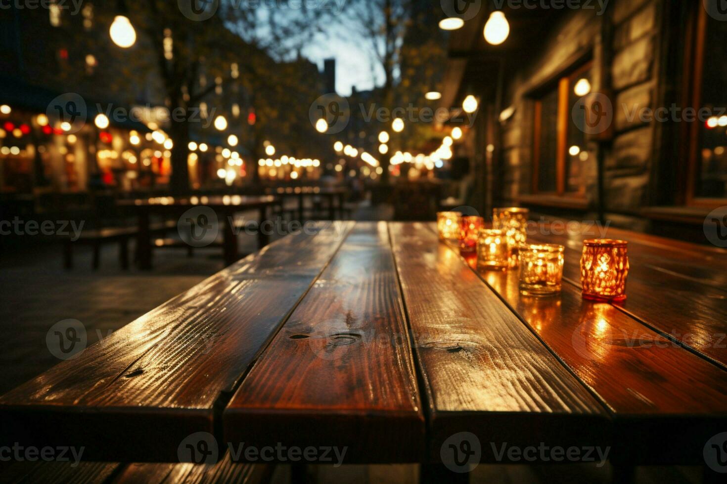 bokeh illuminato di legno tavolo con sfocato sfondo, la creazione di incantevole ambiance nel ristorante ai generato foto