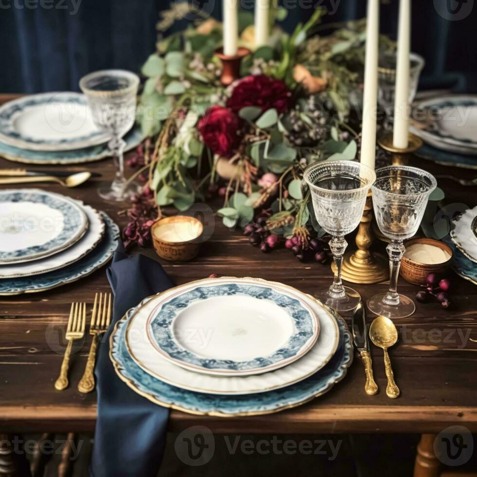 formale vacanza tablescape con blu arredamento, cena tavolo ambientazione, tavolo fuga con elegante vasellame e stoviglie per nozze festa e evento, generativo ai foto