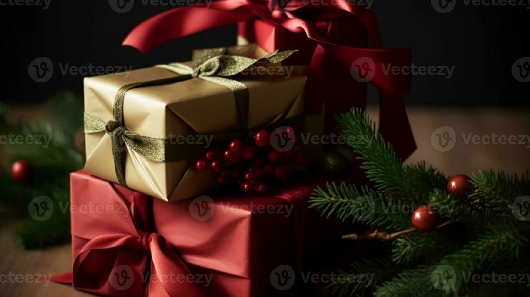 classico Natale regali e vacanza i regali, avvolto regalo scatole sotto Natale albero, boxe giorno e vacanze acquisti, generativo ai foto