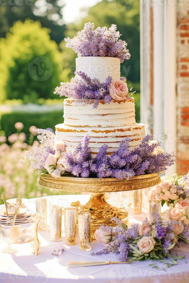 nozze torta con lavanda floreale arredamento, festa celebrazione e vacanza dolce nel un' campagna giardino, evento cibo ristorazione, nazione Villetta stile, generativo ai foto