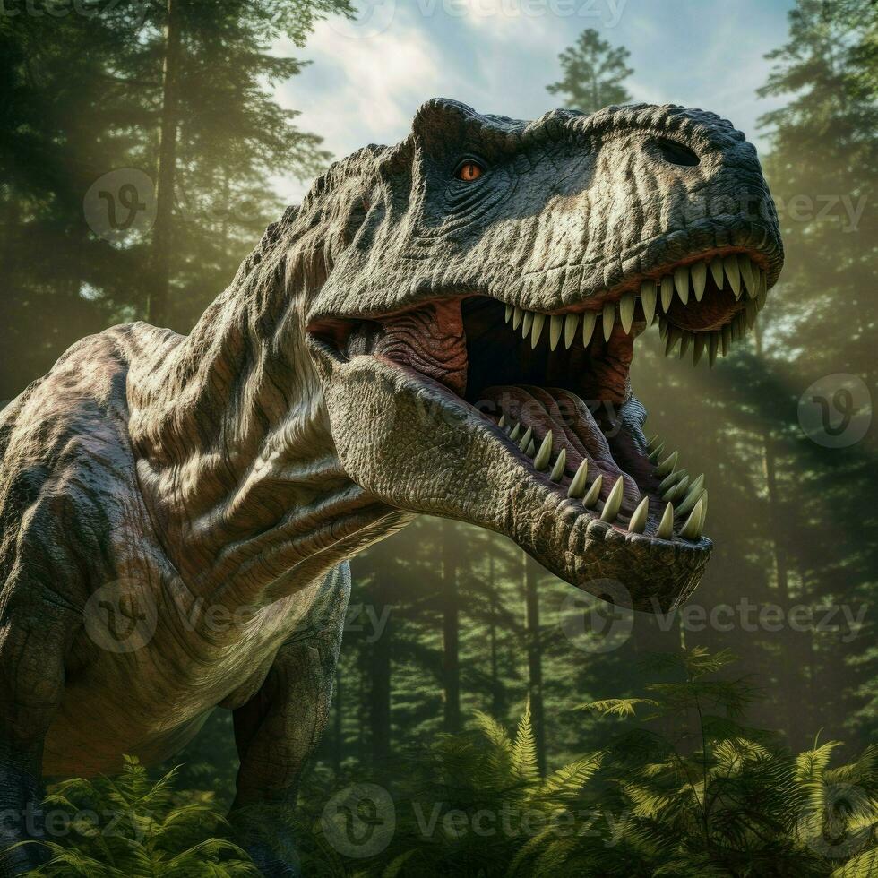 tirannosauro, t-rex nel il foresta sfondo, generativo ai foto