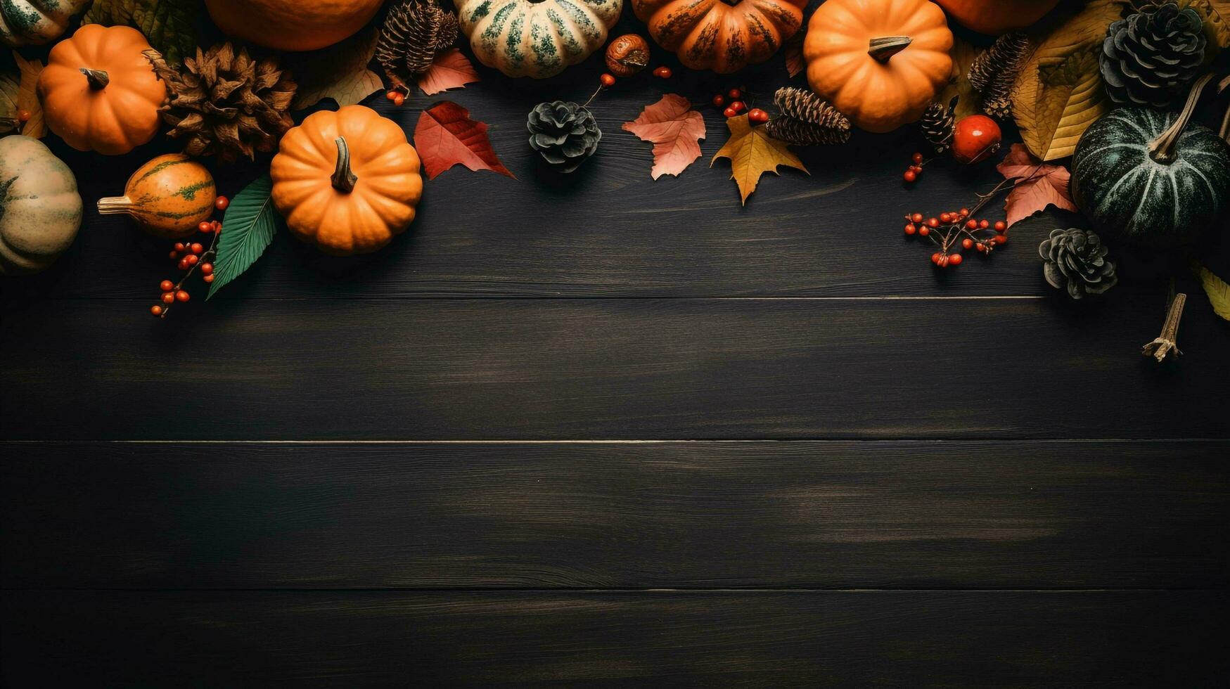 accogliente Halloween piatto posare modello evocando un' senso di nostalgia, con un' rustico tableau di zucche e autunno le foglie accuratamente posto su un' buio nero sfondo, ai generato foto
