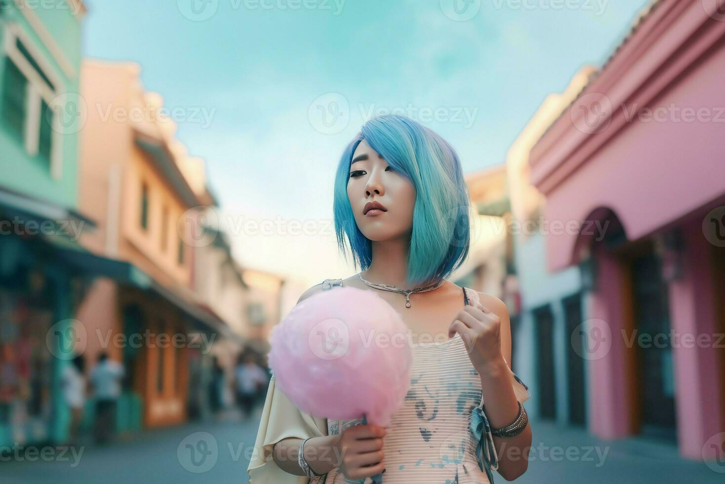 asiatico donna blu capelli su strada. creare ai foto