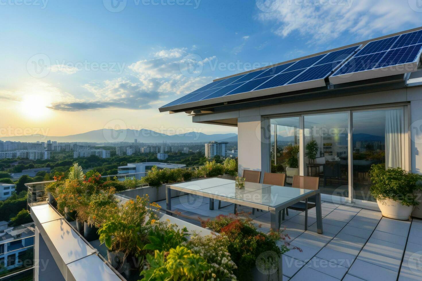 solare pannelli o cellule installato su tetti o terrazze foto