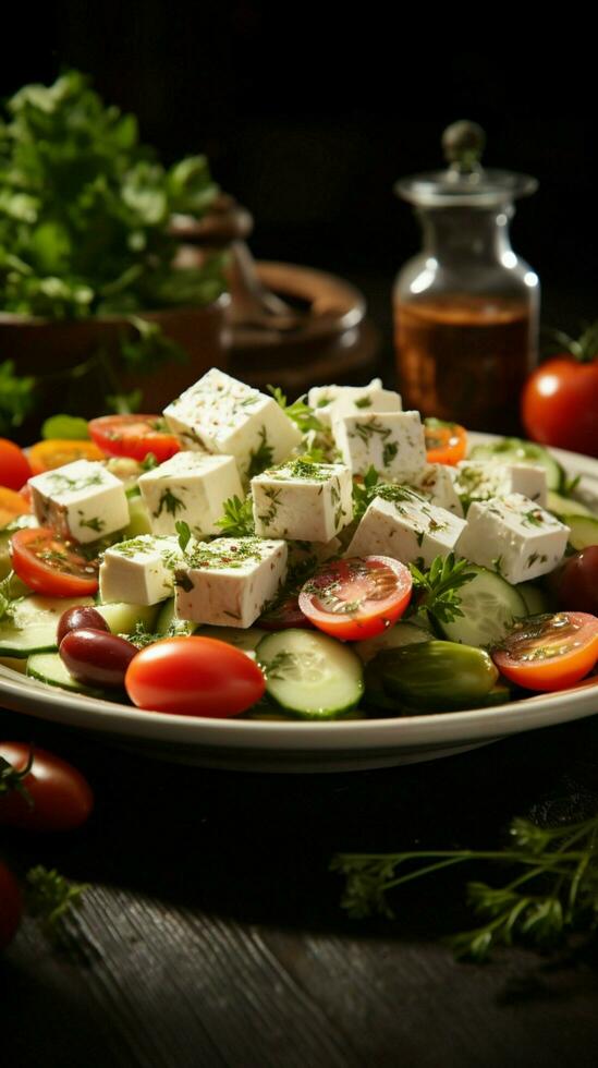 mediterraneo delizia, feta formaggio ornato greco insalata riposa su il tavolo verticale mobile sfondo ai generato foto