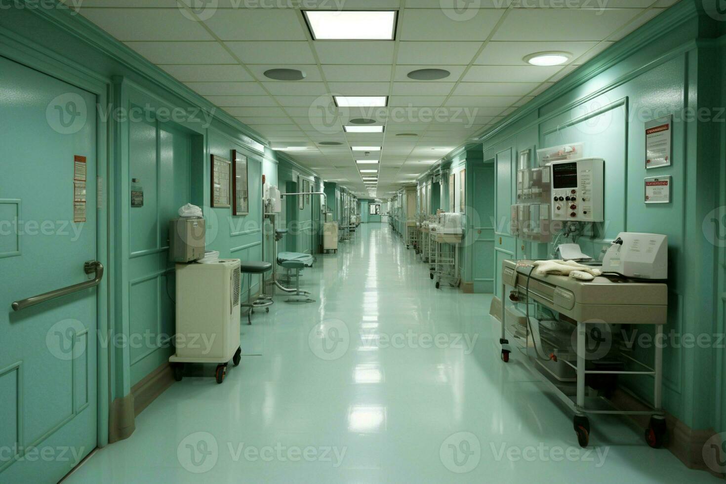 vacante ospedale corridoio, silenzio pervade il sterile spazio, in attesa vivace vita ai generato foto