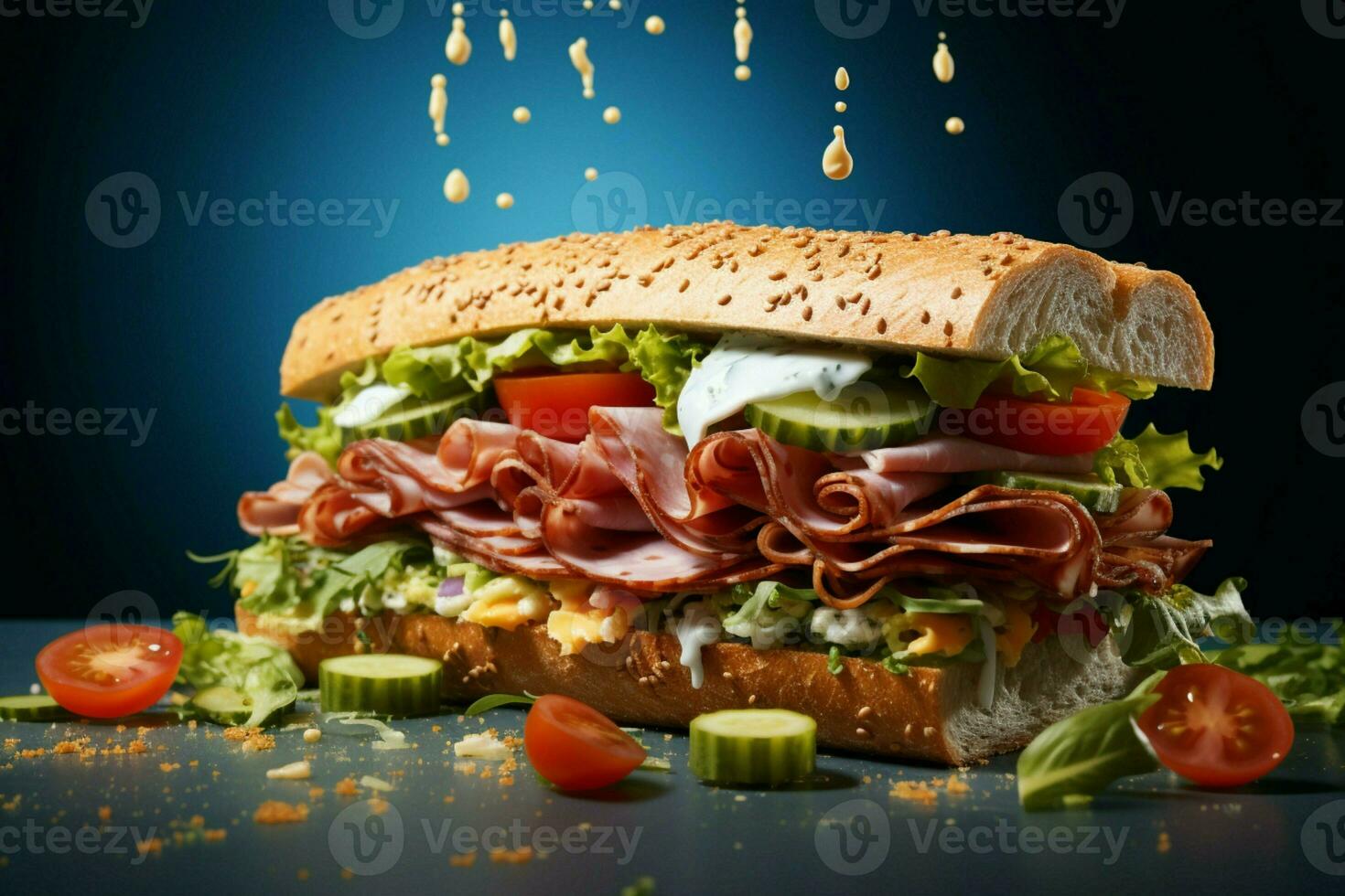 creativo composizione di un' senza tempo americano Sandwich vola contro un' blu sfondo ai generato foto