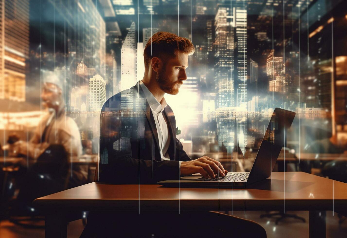 ai generativo Doppio esposizione foto di un' attività commerciale uomo utilizzando il computer portatile su il suo scrivania davanti Visualizza ufficio sfondo
