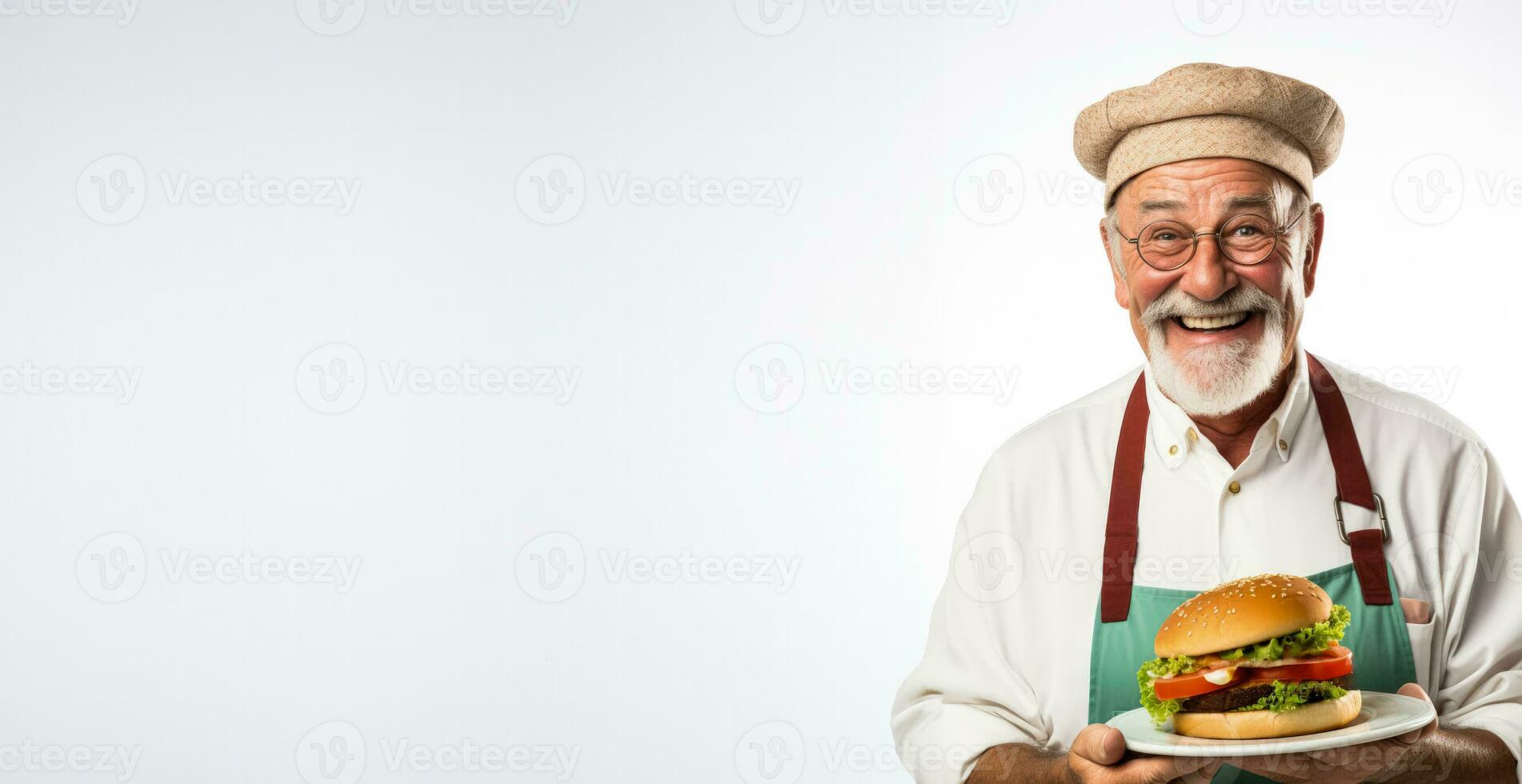 anziano uomo assaporando un' hamburger pasto a retrò commensale isolato su un' bianca sfondo foto