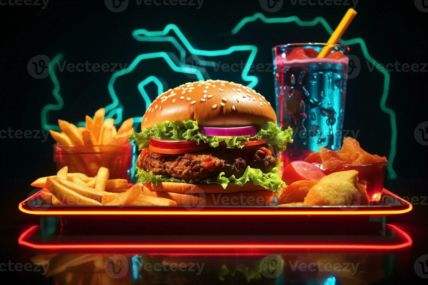 vivace neon hamburger e bibita tazza nel Messaggio telaio evocare acquolina in bocca voglie. ai generato foto