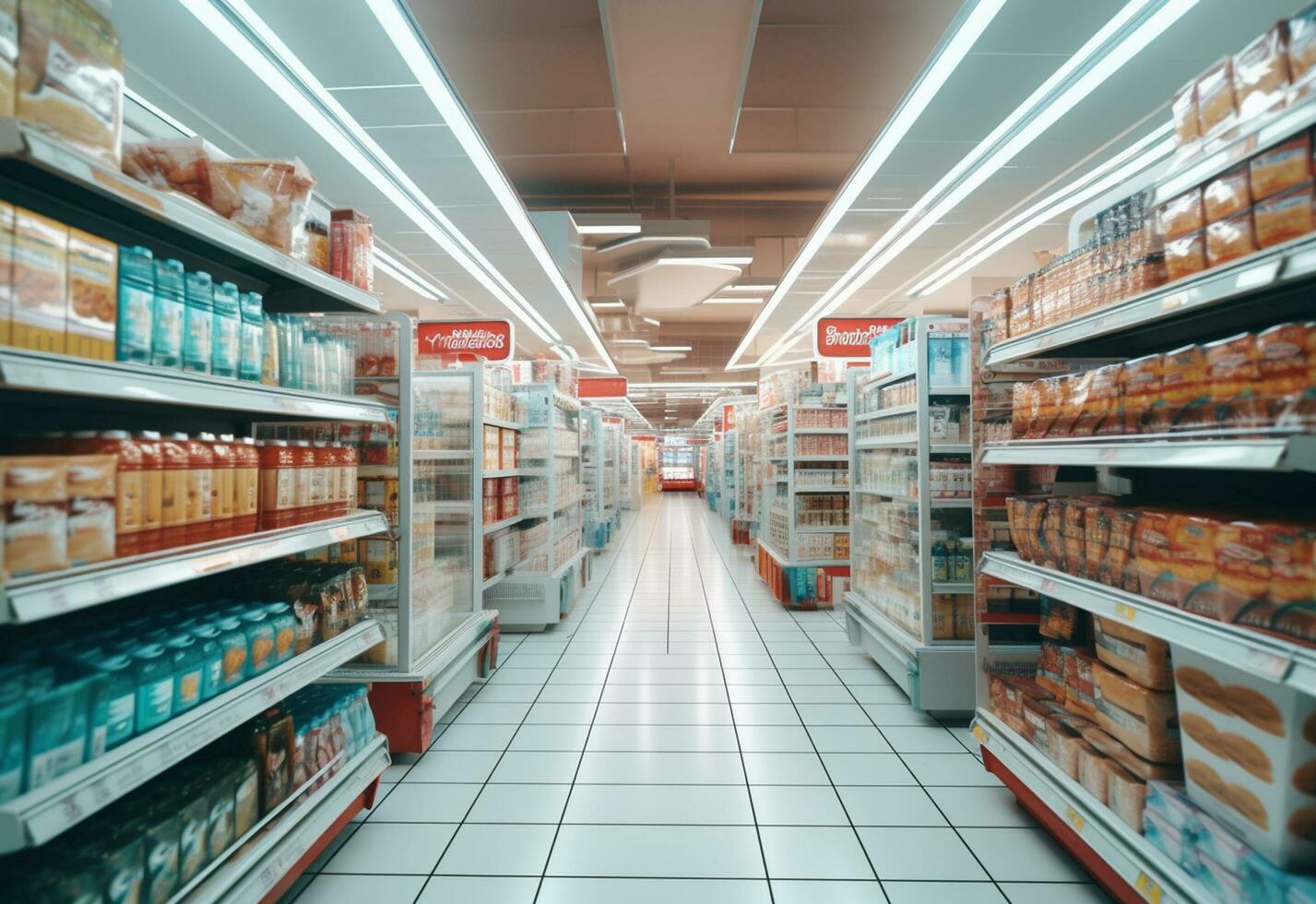 ai generativo sfocato shopping scaffali nel supermercati e Dipartimento I negozi realistico Immagine ultra HD alto design foto