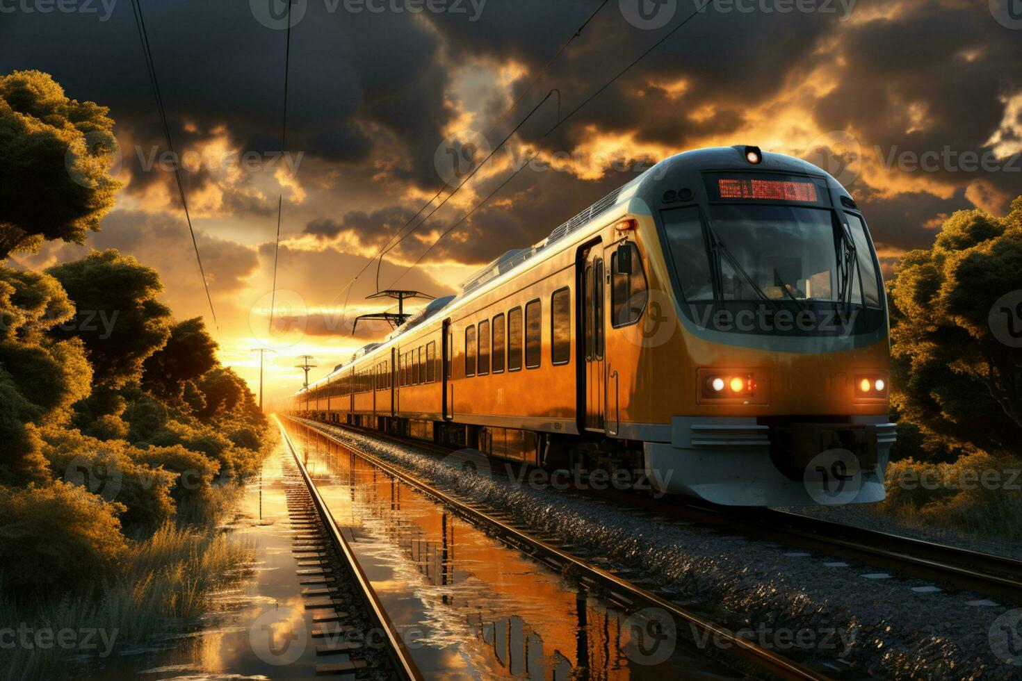 dinamico estate scena, treno sta su sotto nuvoloso, caldo tempo metereologico ai generato foto