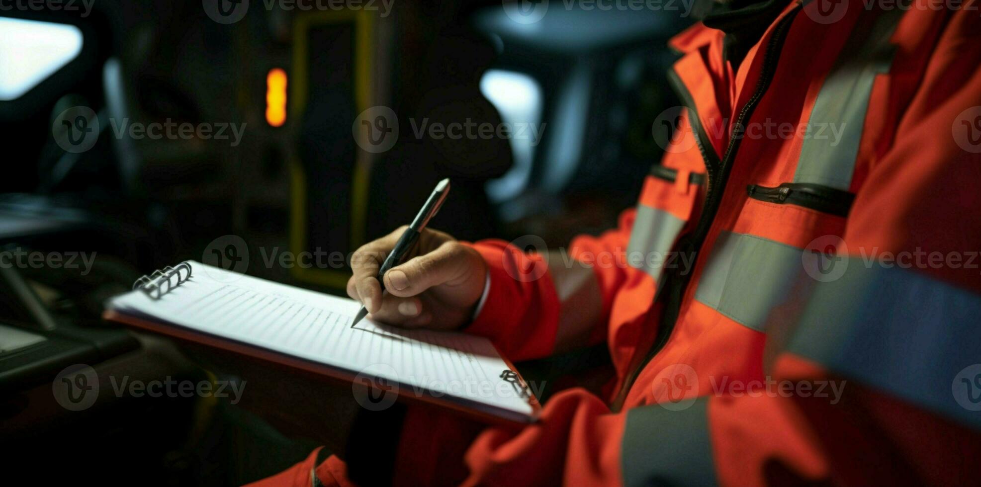 ambulanza macchine lato Visualizza uomo diligentemente prende Appunti, documentare il dispiegarsi situazione. ai generato foto