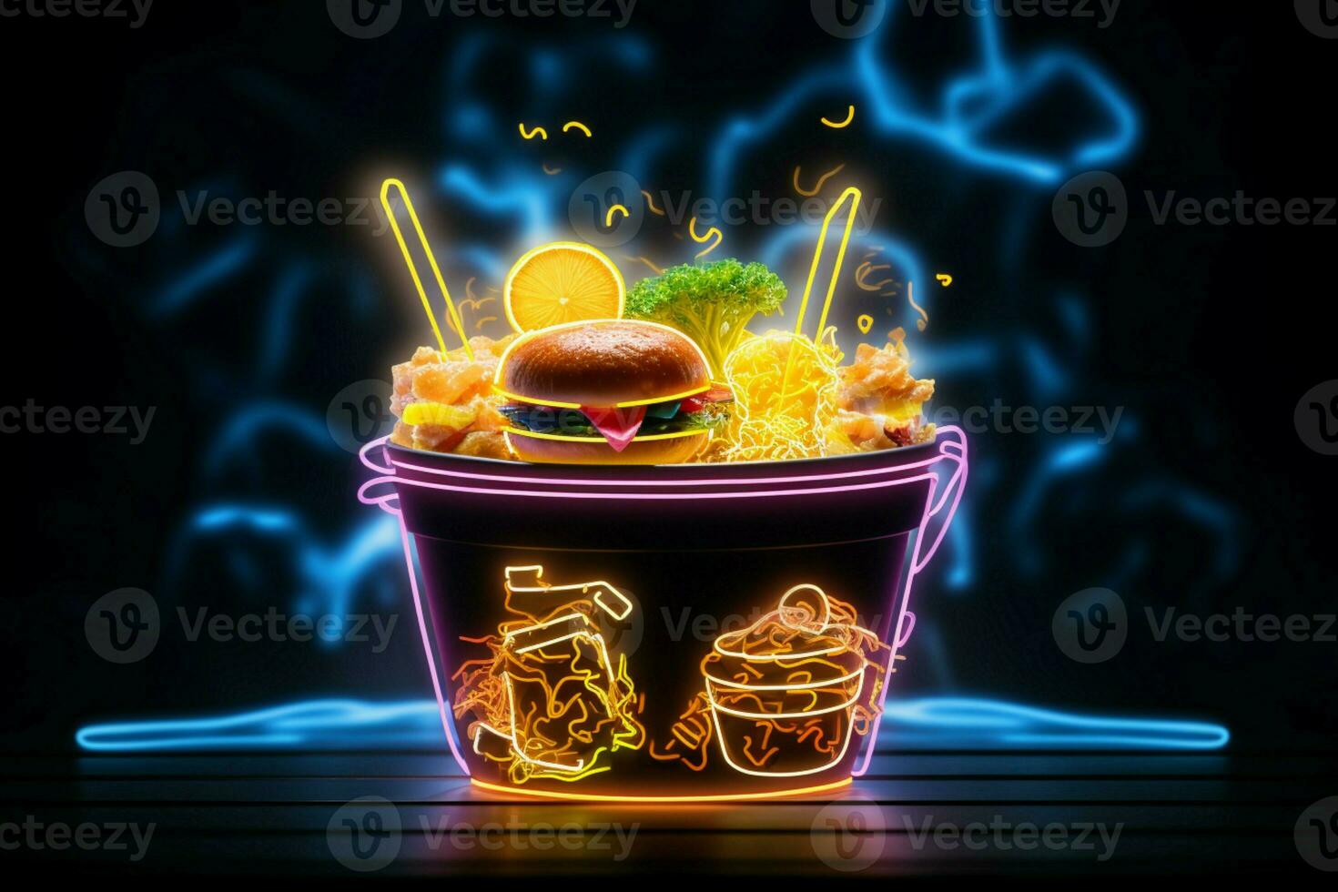 luminoso culinario arte neon leggero trasforma cibo in un incantevole visivo festa ai generato foto