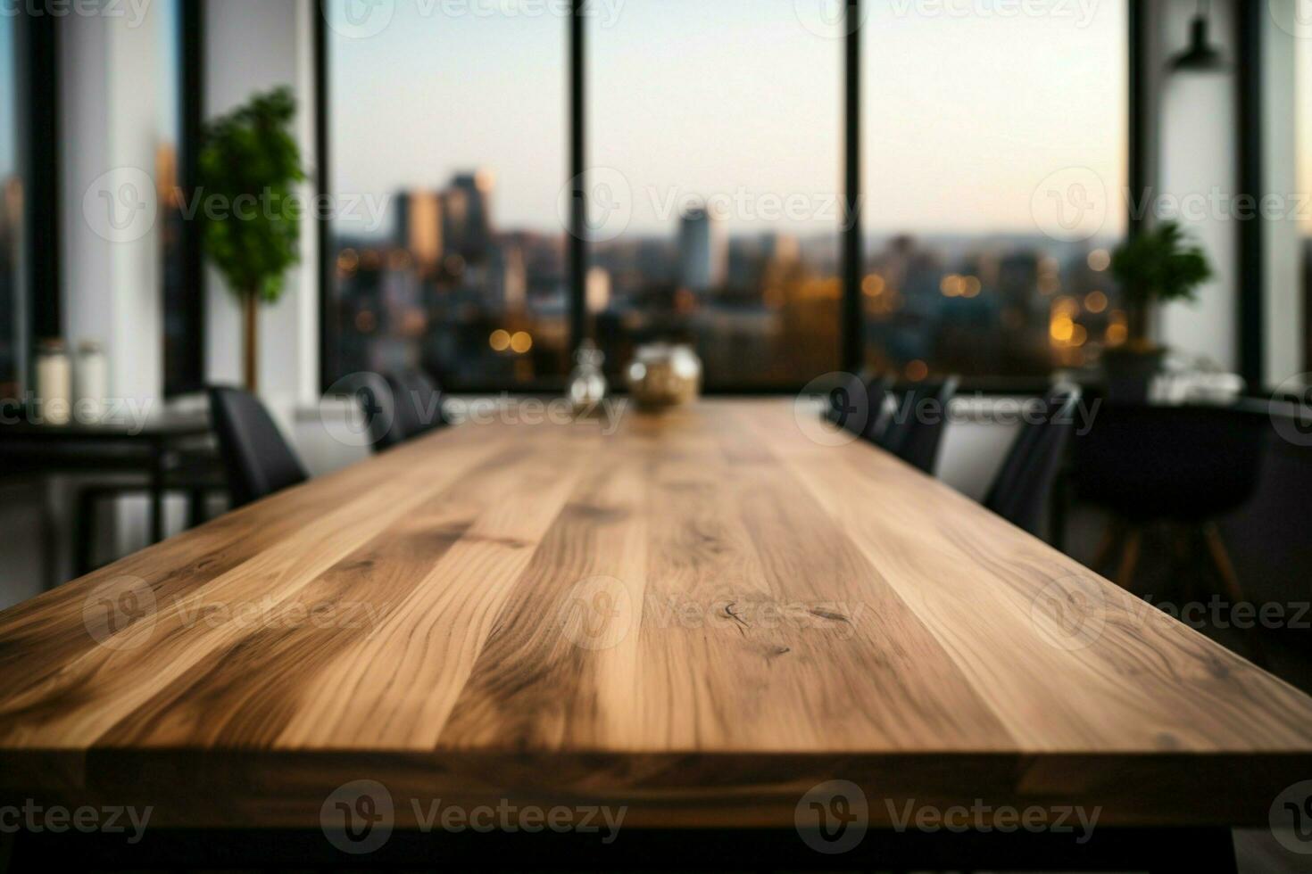 un' incontaminato di legno tavolo contro un' contemporaneo ufficio ambientazione, Perfetto per Prodotto Schermo ai generato foto