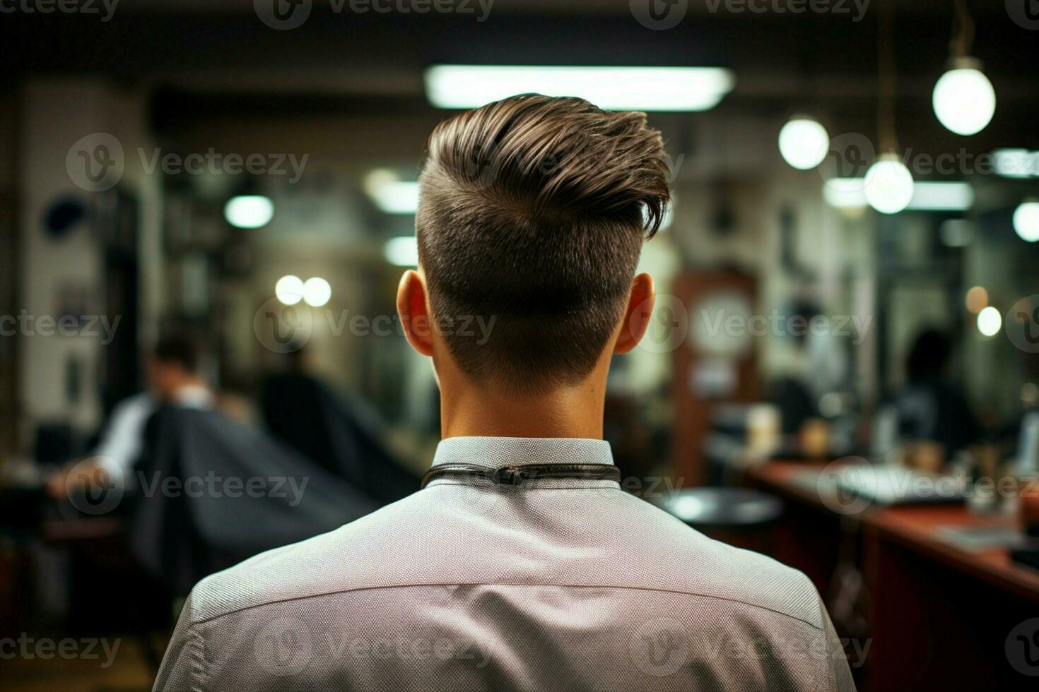 preciso tagliare posteriore Visualizza come maschio riceve taglio di capelli, sfondo dolcemente sfocato ai generato foto