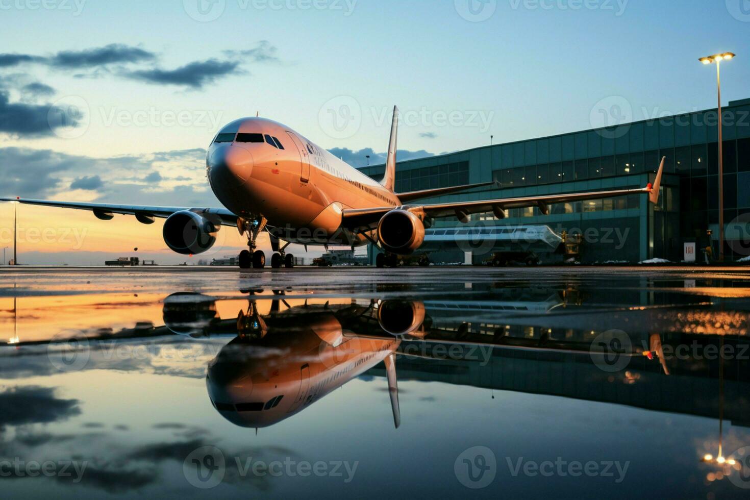 il jetway e un' passeggeri di aerei riflessione nel un' sereno pozzanghera scena ai generato foto