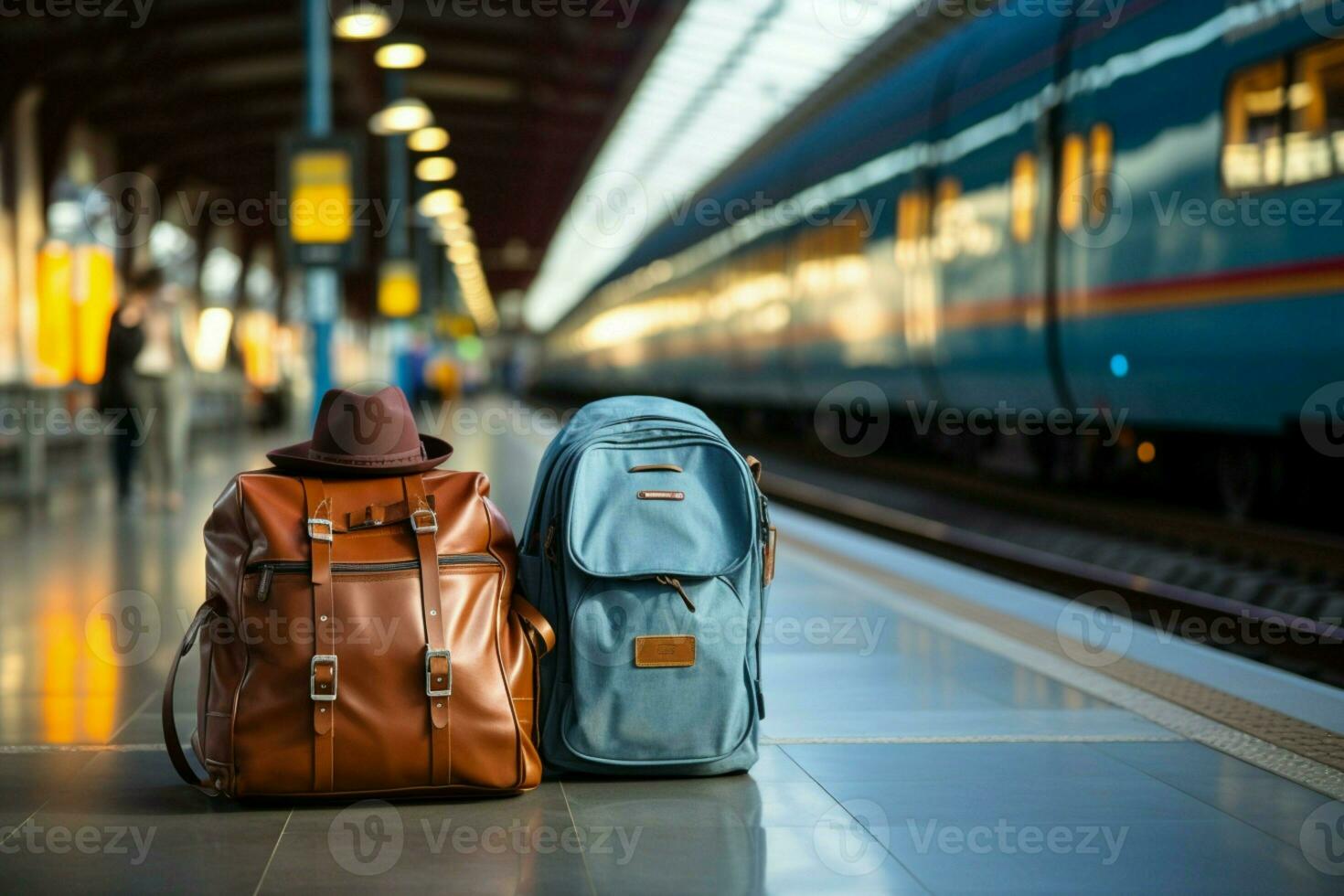 treno stazione viaggiatore blu zaino, Scott camicia, cappello, e valigie, incarnando vacanza vibrazioni ai generato foto