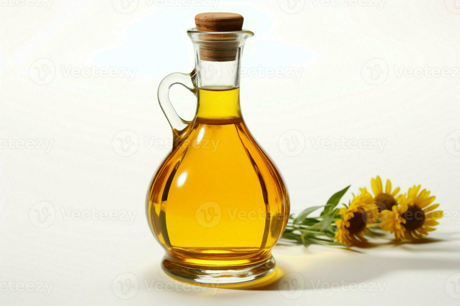un' bianca sfondo vetrine un' vaso caraffa pieno con oliva o girasole olio ai generato foto