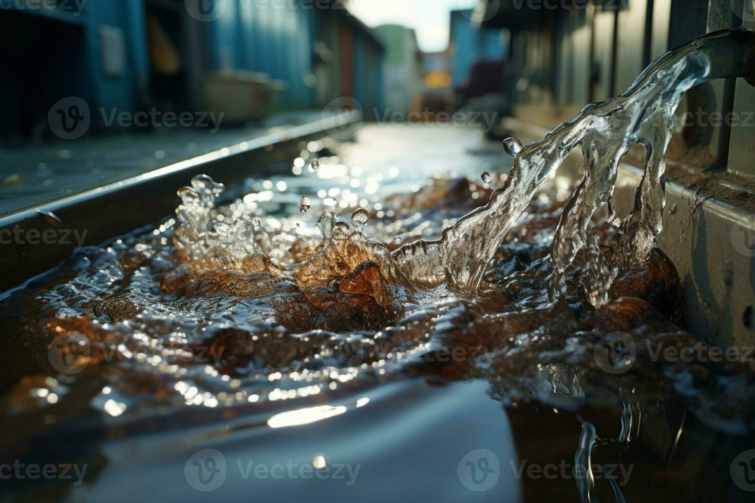 sgradevole vista fangoso acqua flussi in il pulire, bianca Lavello bacino ai generato foto