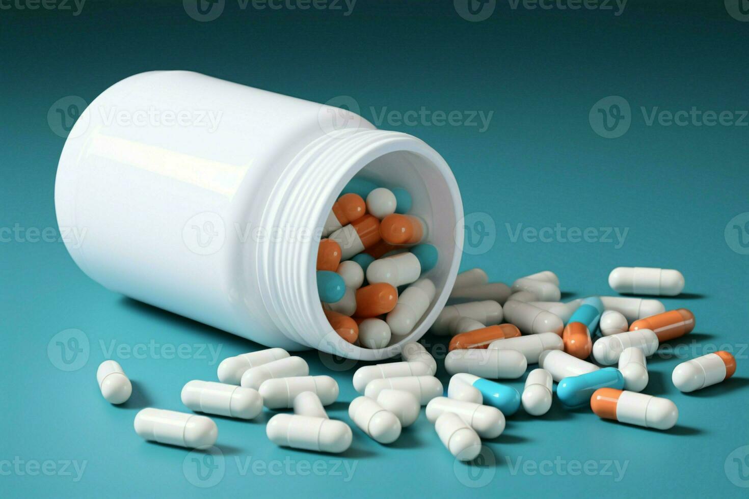 dettagliato 3d interpretazione di bianca medicazione bottiglia contenente numerose terapeutico capsule ai generato foto
