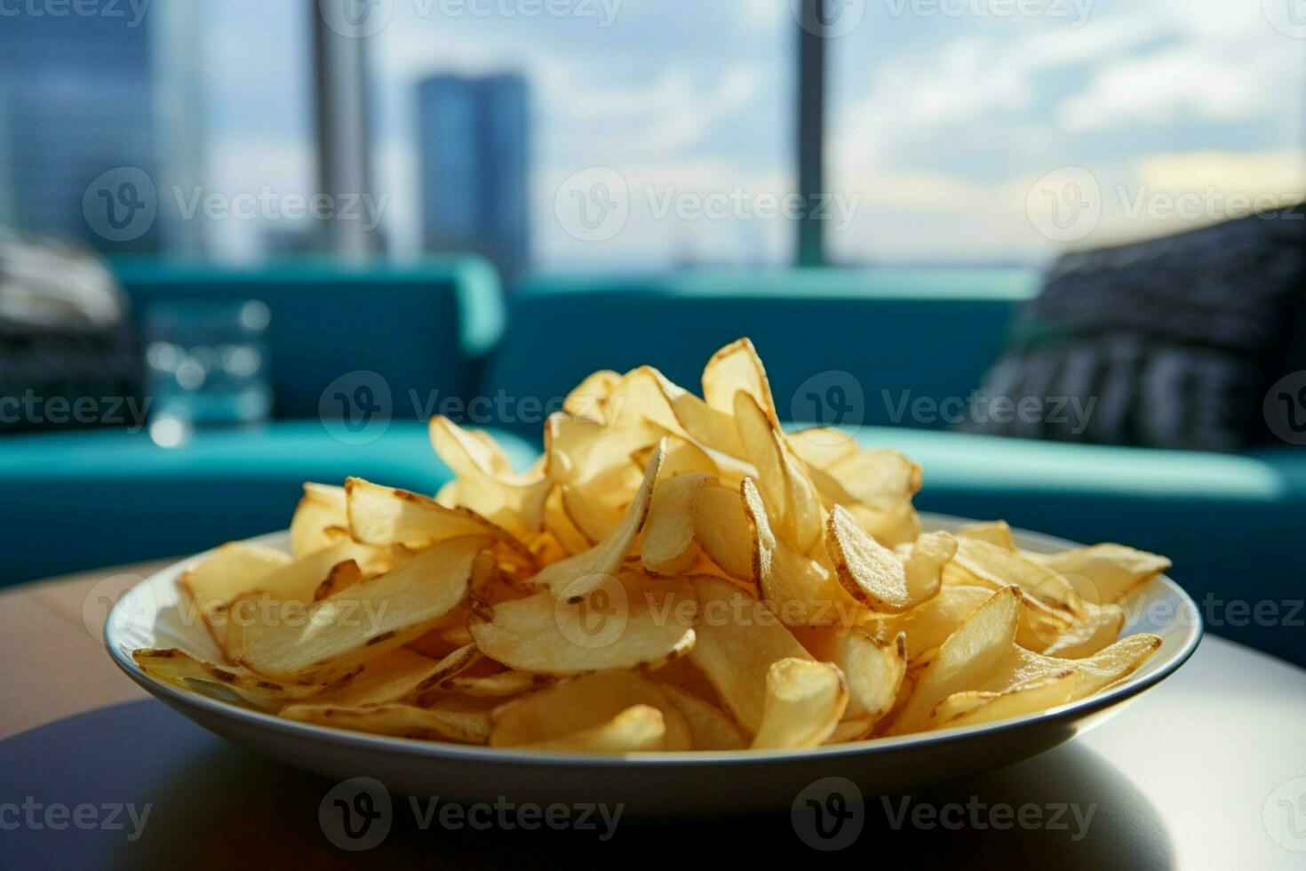 croccante patatine fritte su un' caffè tavolo nel un' contemporaneo, disoccupato, blu tinta vivente camera ai generato foto