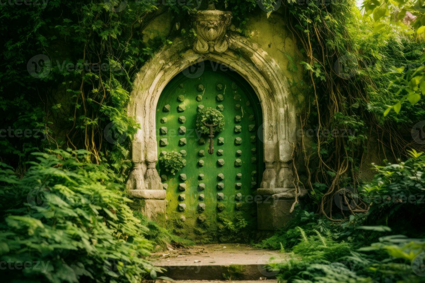 verdeggiante porta verde giardino. creare ai foto