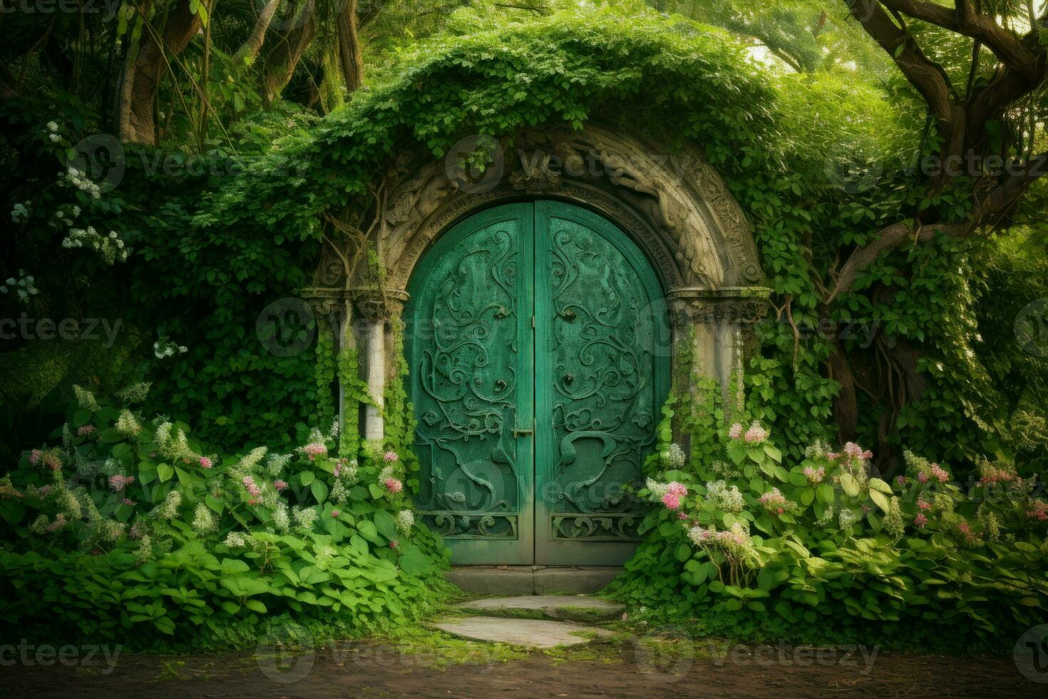 porta verde giardino. creare ai foto