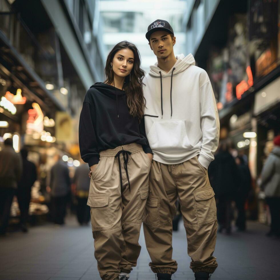 giovane coppia nel di moda abbigliamento di strada foto
