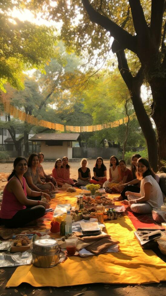 pieno di divertimento picnic con bene azienda foto