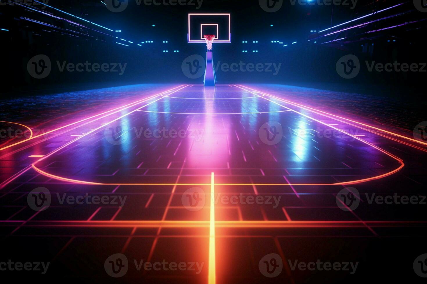 virtuale terreno di gioco un' neon pallacanestro campo brilla nel 3d esegue il rendering lato Visualizza ai generato foto