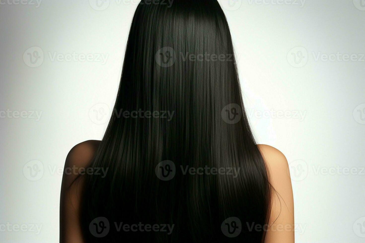 grazioso silhouette lungo, dritto nero capelli montatura womans travolgente indietro prospettiva ai generato foto